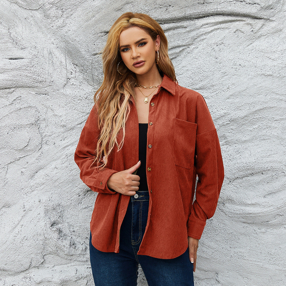 Corduroy Women's American Loose Jacket Coat Solid Color Shirt