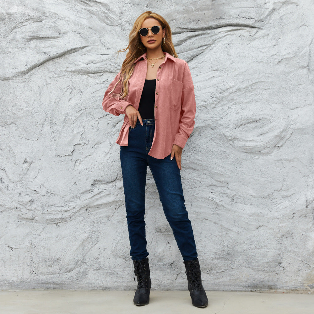 Corduroy Women's American Loose Jacket Coat Solid Color Shirt