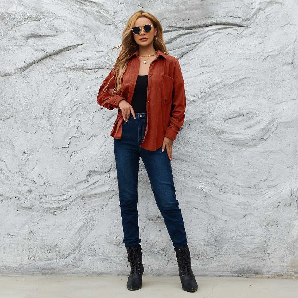 Corduroy Women's American Loose Jacket Coat Solid Color Shirt