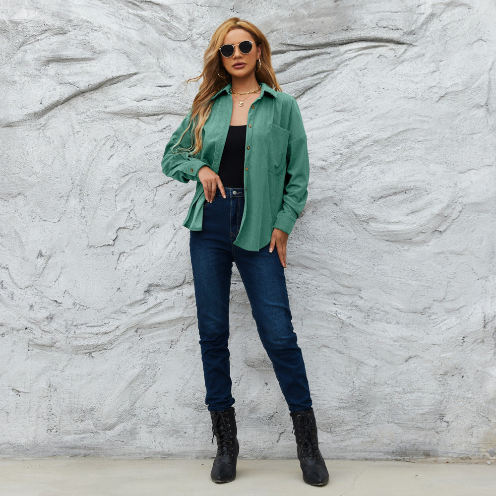 Corduroy Women's American Loose Jacket Coat Solid Color Shirt