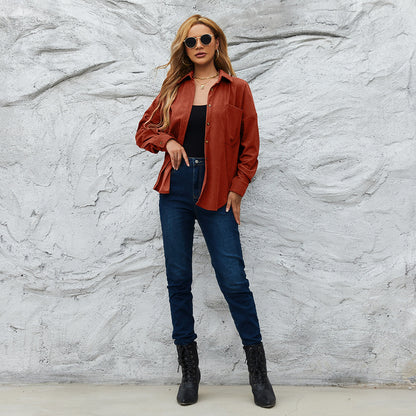 Corduroy Women's American Loose Jacket Coat Solid Color Shirt